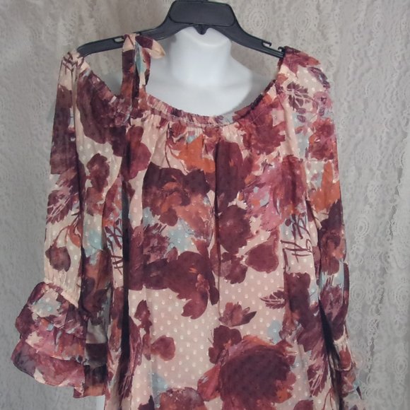 Cato Tops - Cut Dot Woven Blouse Off Shoulder Tie In Elderberry Wine Blush Floral Print